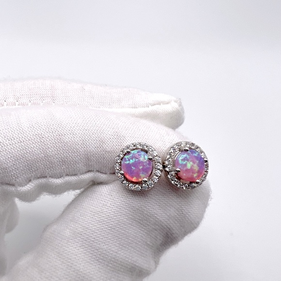 Sterling Silver Halo Pink Fire Opal Cz Set - Picture 11 of 17